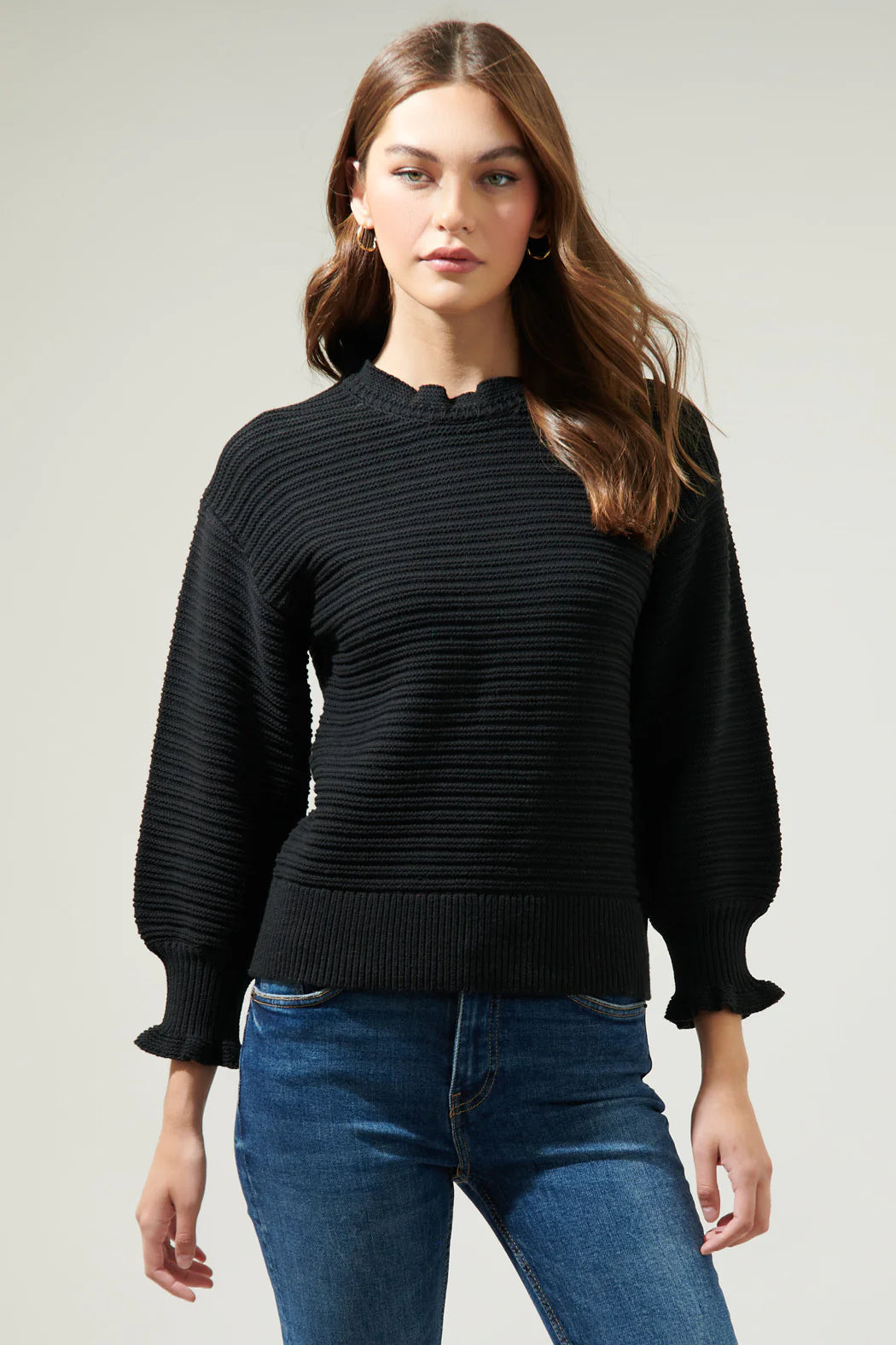 Vee Ruffle Neck Ribbed Sweater A617