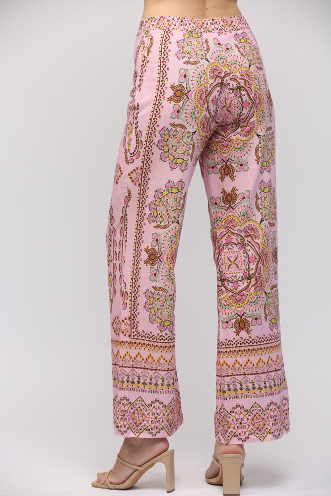 BORDER PRINT LINEN BLEND HIGH WAIST TROUSERS - B412