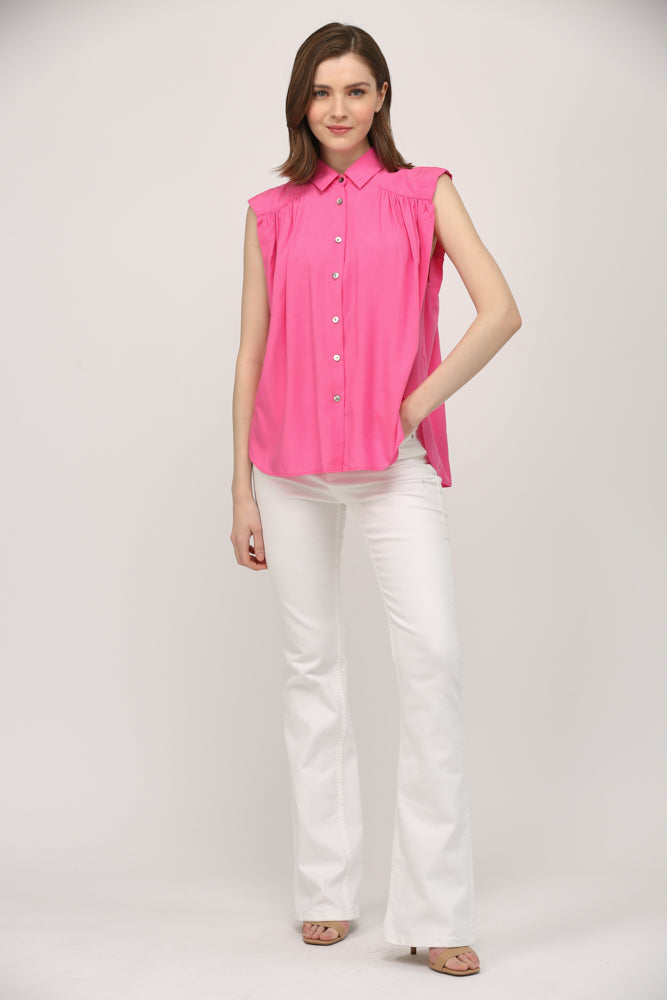 Wide Yoke Button Down Slv Flowy Woven Top - J417