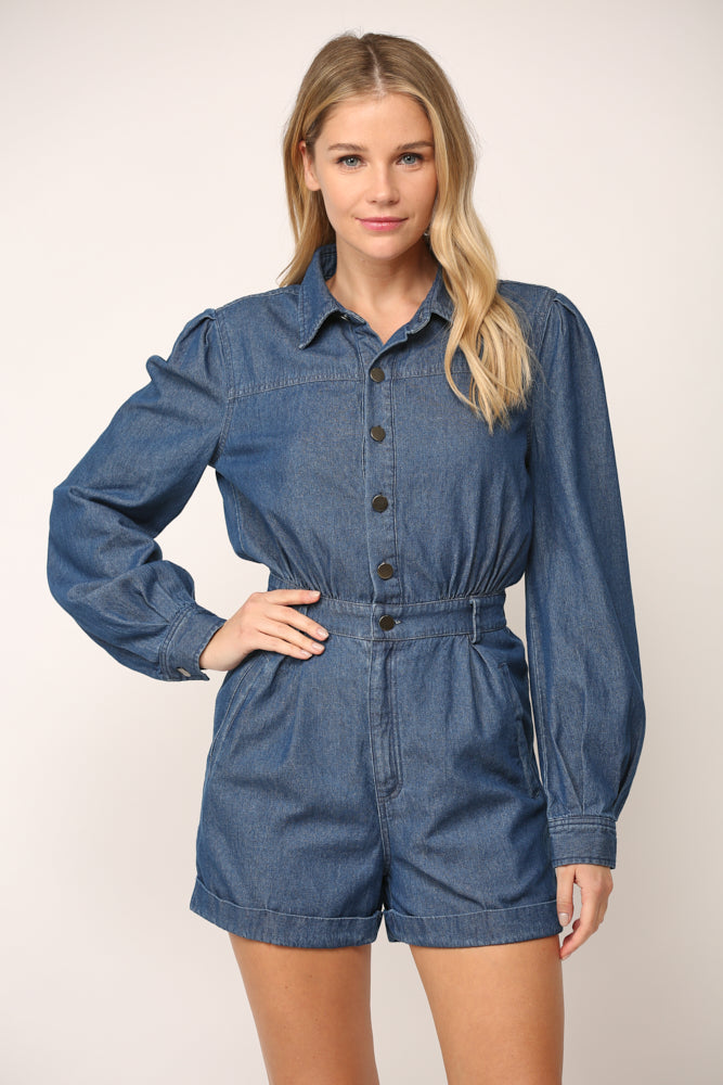 FRONT BUTTON CLOSURE COLLARED DENIM ROMPER B507