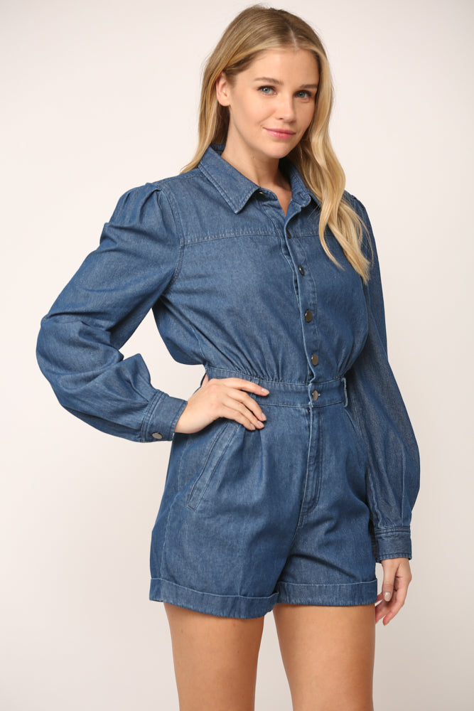 FRONT BUTTON CLOSURE COLLARED DENIM ROMPER B507