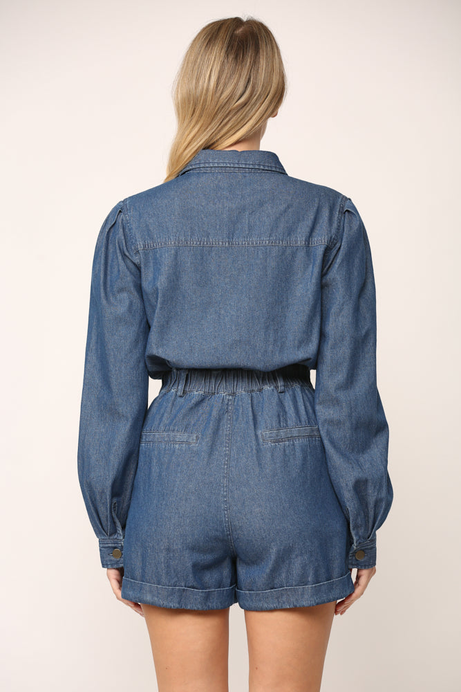 FRONT BUTTON CLOSURE COLLARED DENIM ROMPER B507