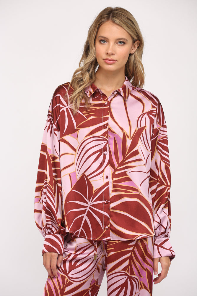 TROPICAL PRINT SATIN BUTTON DOWN SHIRT J502