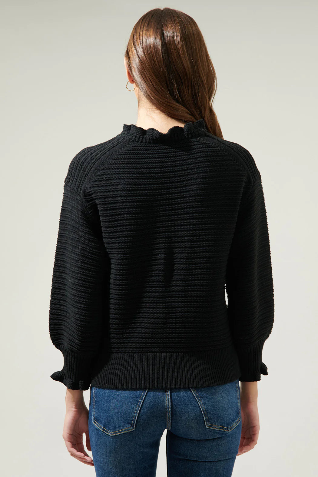 Vee Ruffle Neck Ribbed Sweater A617