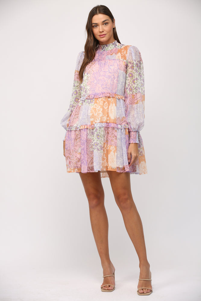 Patchwork Print Chiffon Mock Neck Tiered Dress - J309