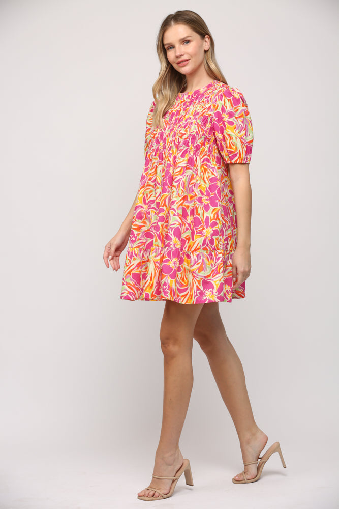 FLORAL PRINT POPLIN SHIRRED BODICE DRESS - J306