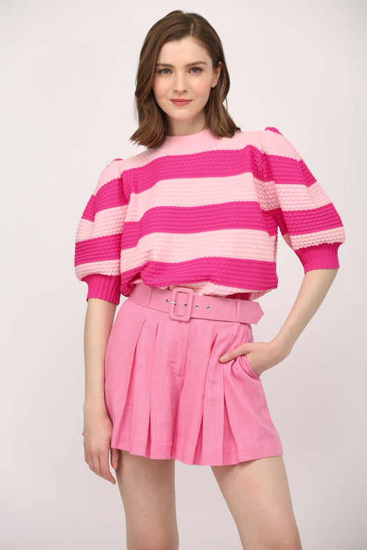 Stripe Textured Knit Mock Neck Sweater - J418