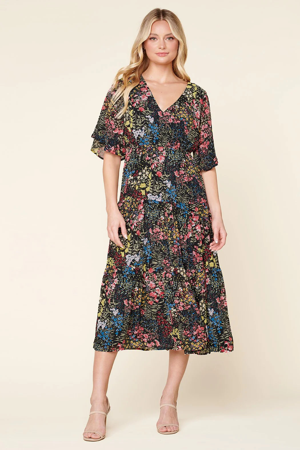 High Hopes Floral Flouncy Sleeve Tiered Maxi Dress - C304