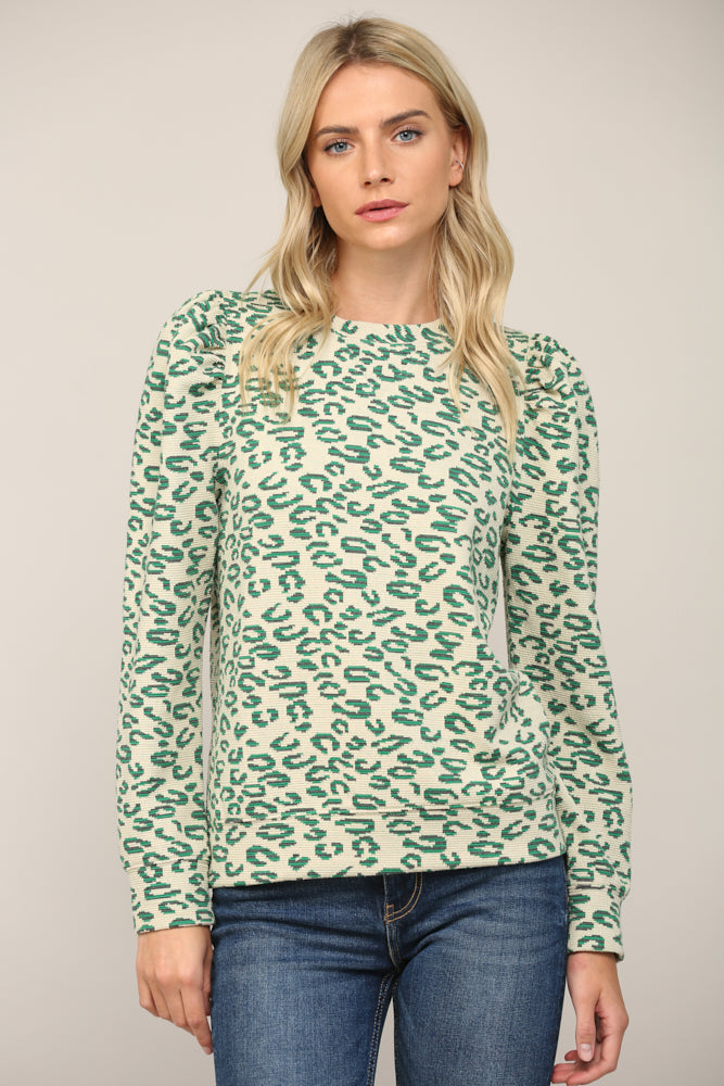 ANIMAL JACQUARD FABRIC PUFF SLV TOP - J403