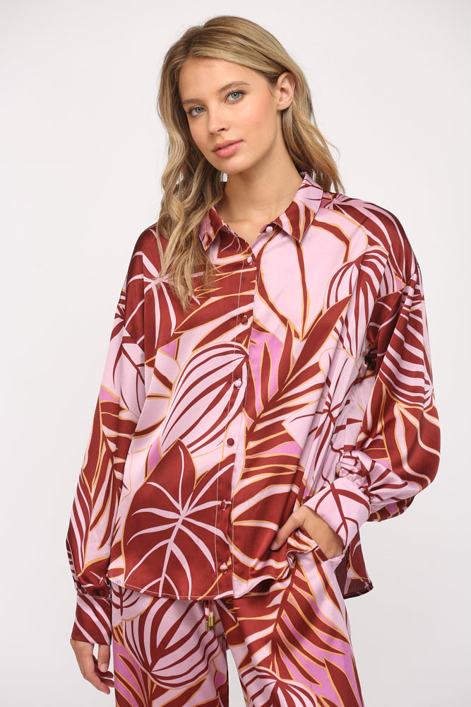 TROPICAL PRINT SATIN BUTTON DOWN SHIRT J502