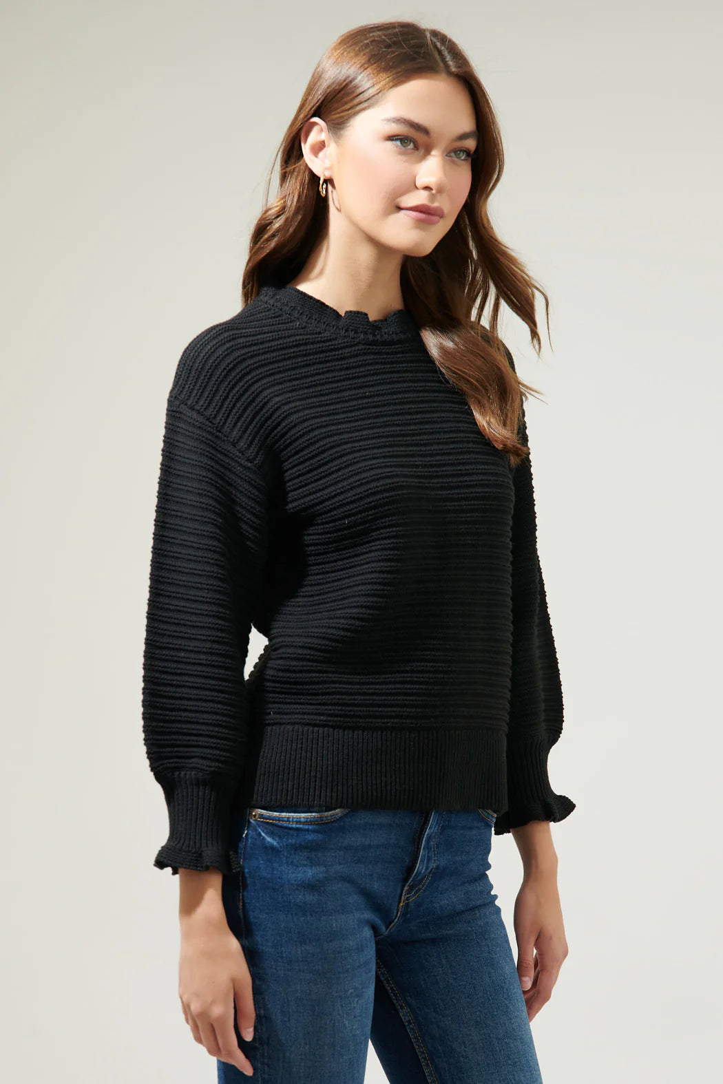 Vee Ruffle Neck Ribbed Sweater A617