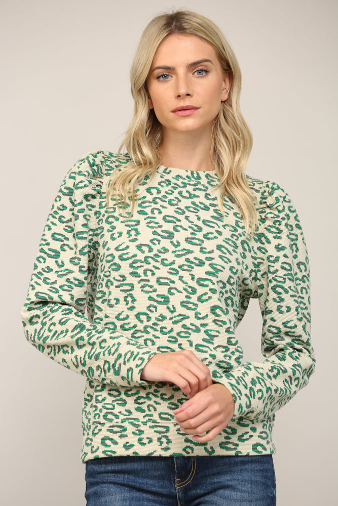 ANIMAL JACQUARD FABRIC PUFF SLV TOP - J403