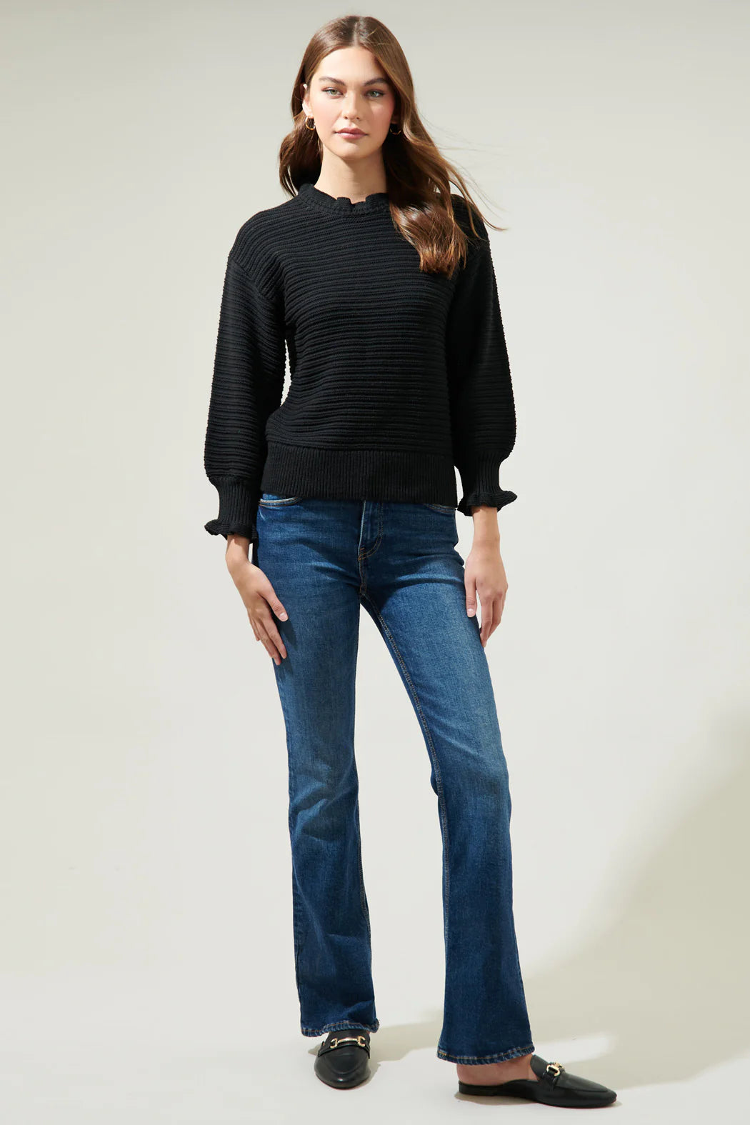 Vee Ruffle Neck Ribbed Sweater A617