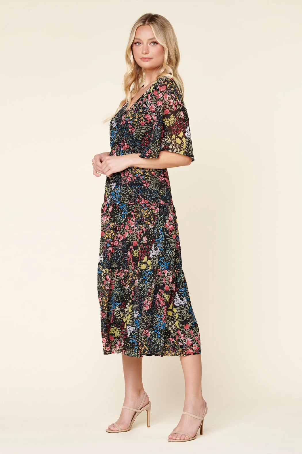 High Hopes Floral Flouncy Sleeve Tiered Maxi Dress - C304