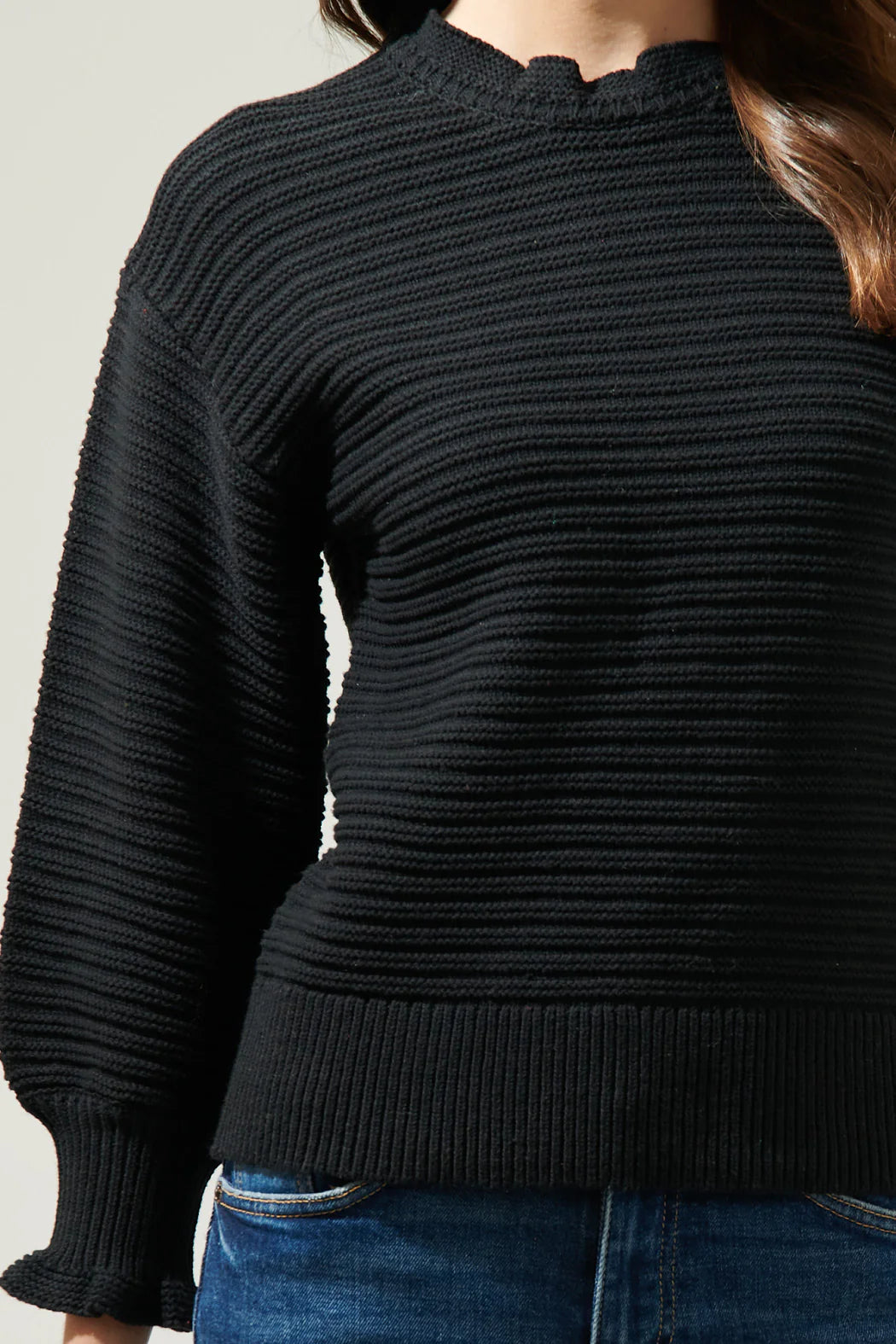 Vee Ruffle Neck Ribbed Sweater A617