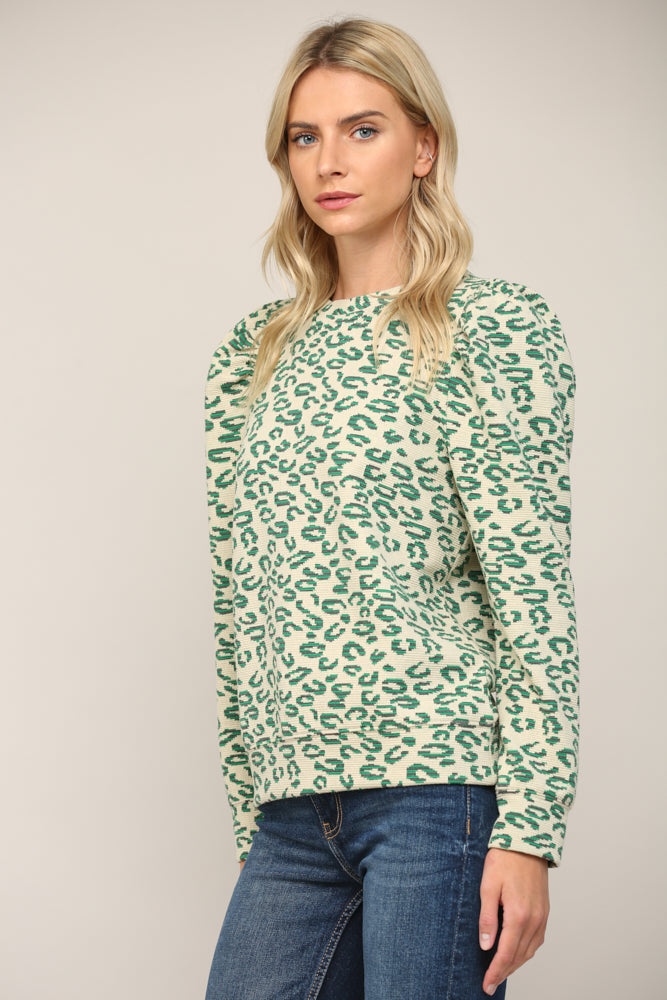 ANIMAL JACQUARD FABRIC PUFF SLV TOP - J403