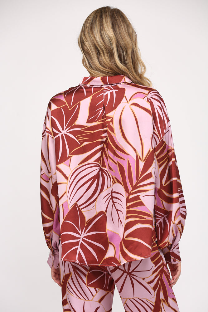 TROPICAL PRINT SATIN BUTTON DOWN SHIRT J502