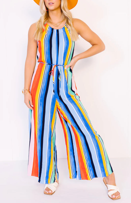 Multi Color Stripe Halter Tie Back Jumpsuit - C521