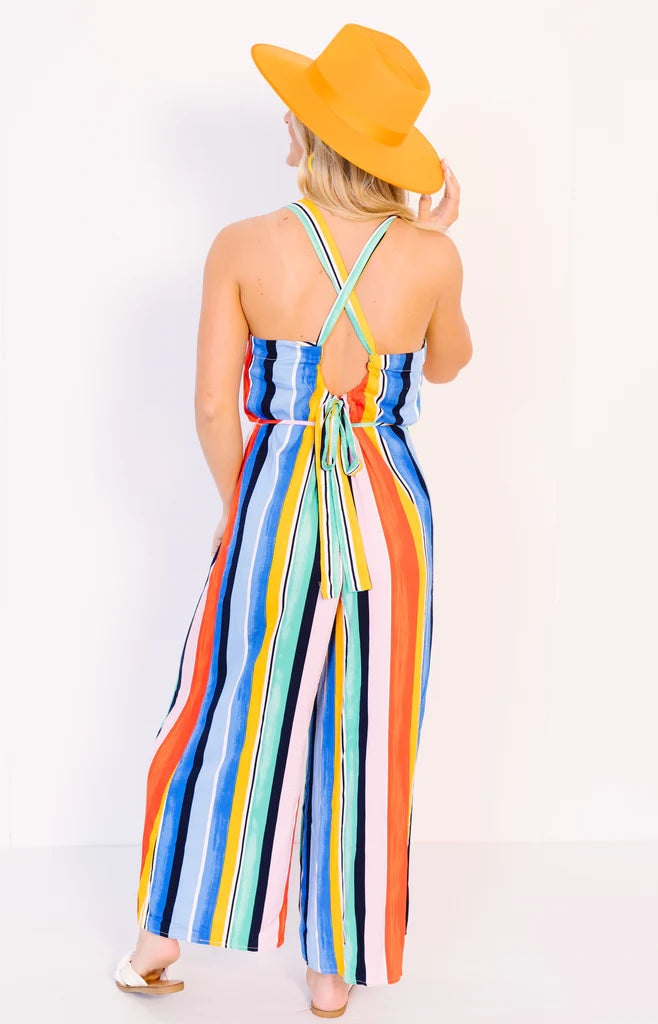 Multi Color Stripe Halter Tie Back Jumpsuit - C521