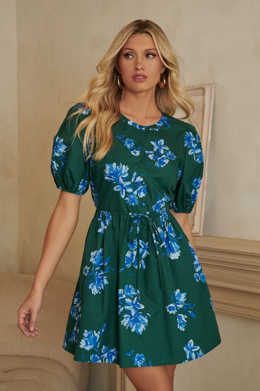 Spokane Floral Alba Puff Sleeve Mini Dress - A716