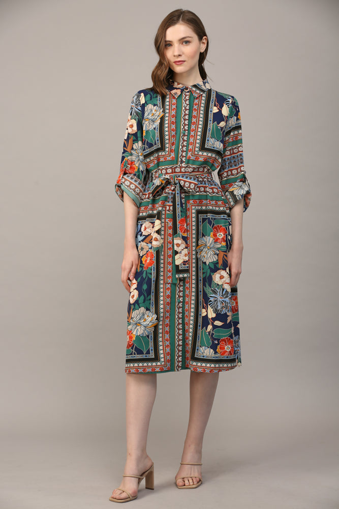 SCARF PRINT TIE WAIST SHIRT DRESS - A626