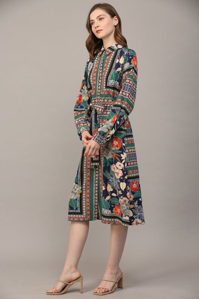 SCARF PRINT TIE WAIST SHIRT DRESS - A626