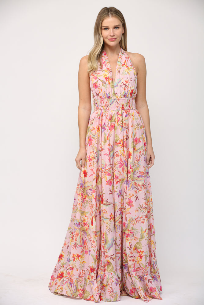 PRINTED COTTON VOILE TIE BACK MAXI DRESS J201