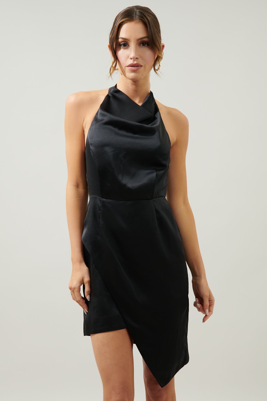 Bachata Satin Asymmetrical Hatler Mini Dress - A304