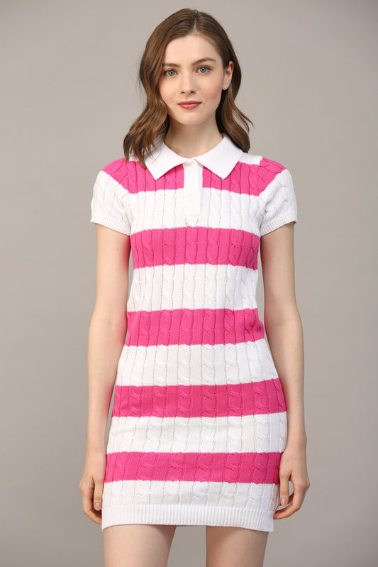 Stripe Polo Collar Short Slv Sweater Dress - J411