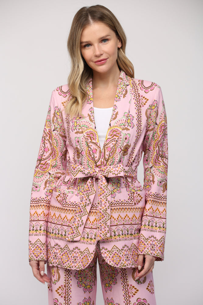 BORDER PRINT LINEN BLEND TIE WAIST BLAZER - B411