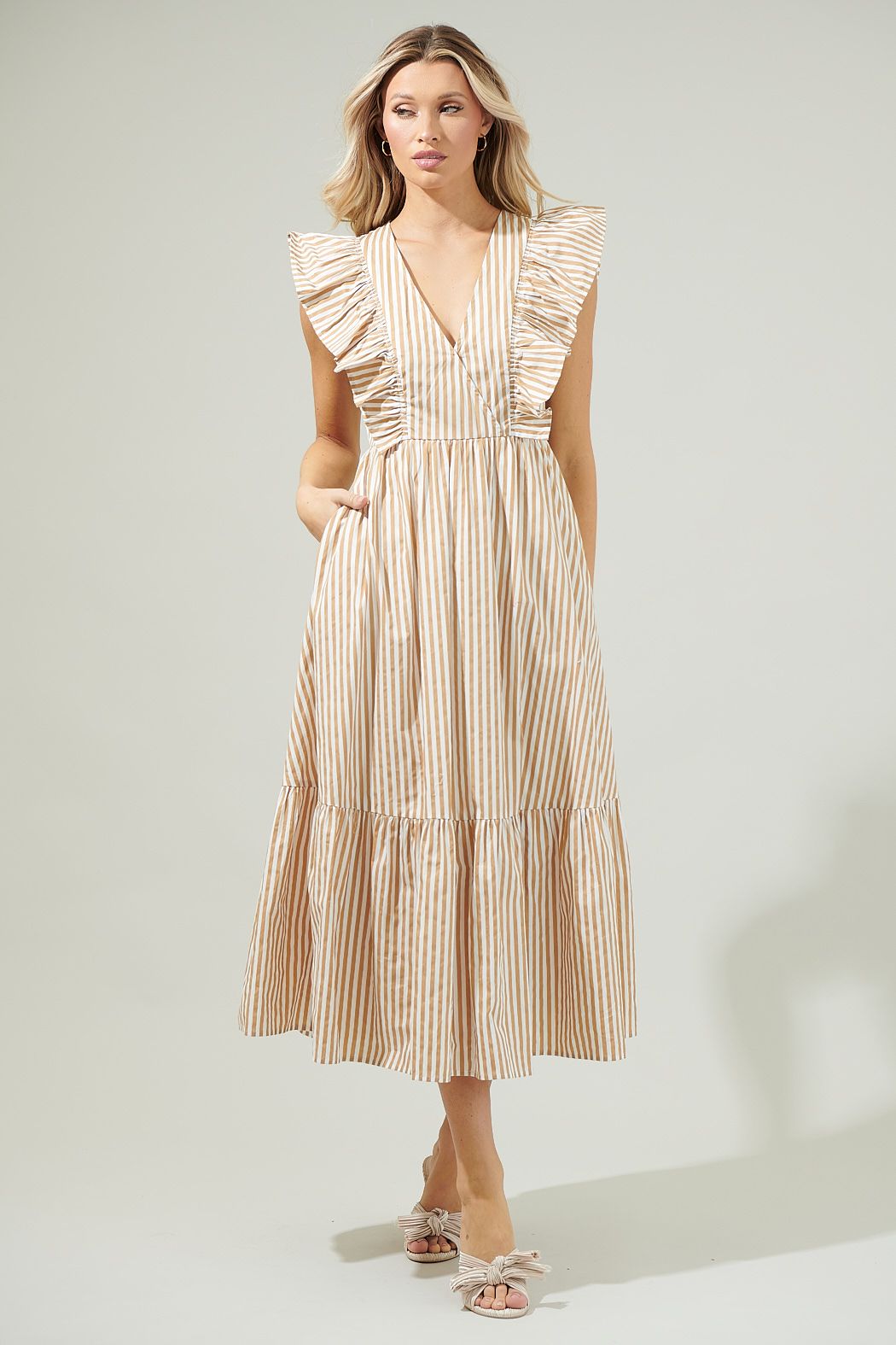 Striped Fairness Taupe Poplin Surplice Midi Dress - A721