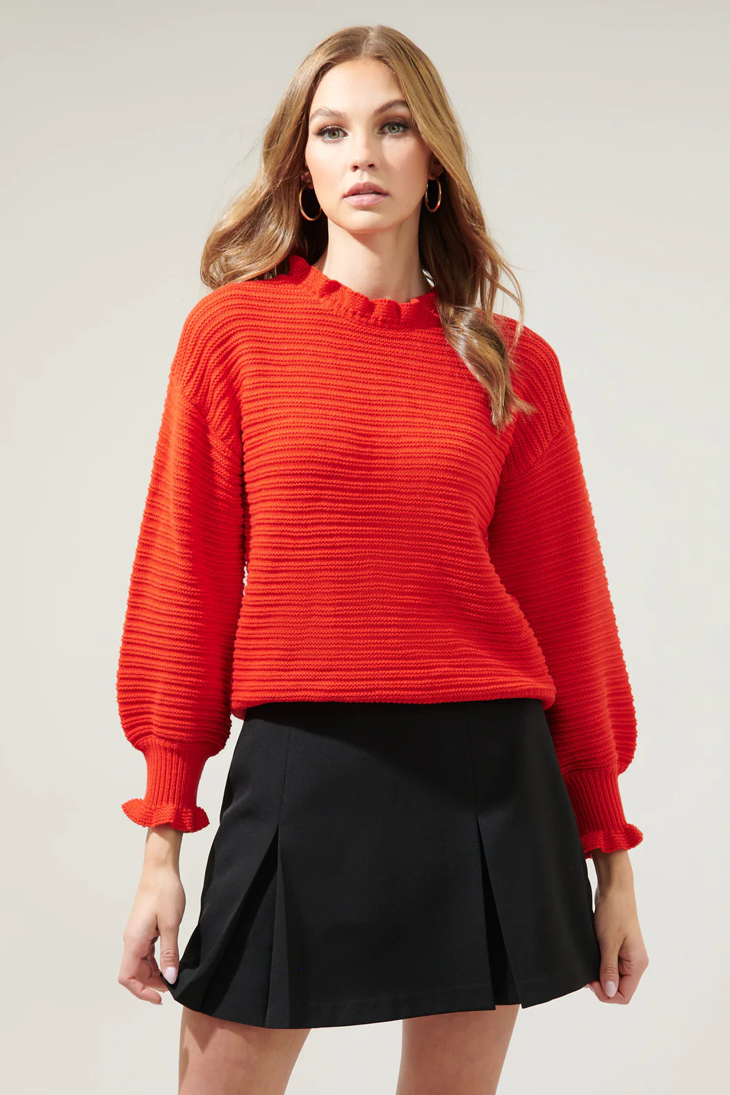 Vee Ruffle Neck Ribbed Sweater A617