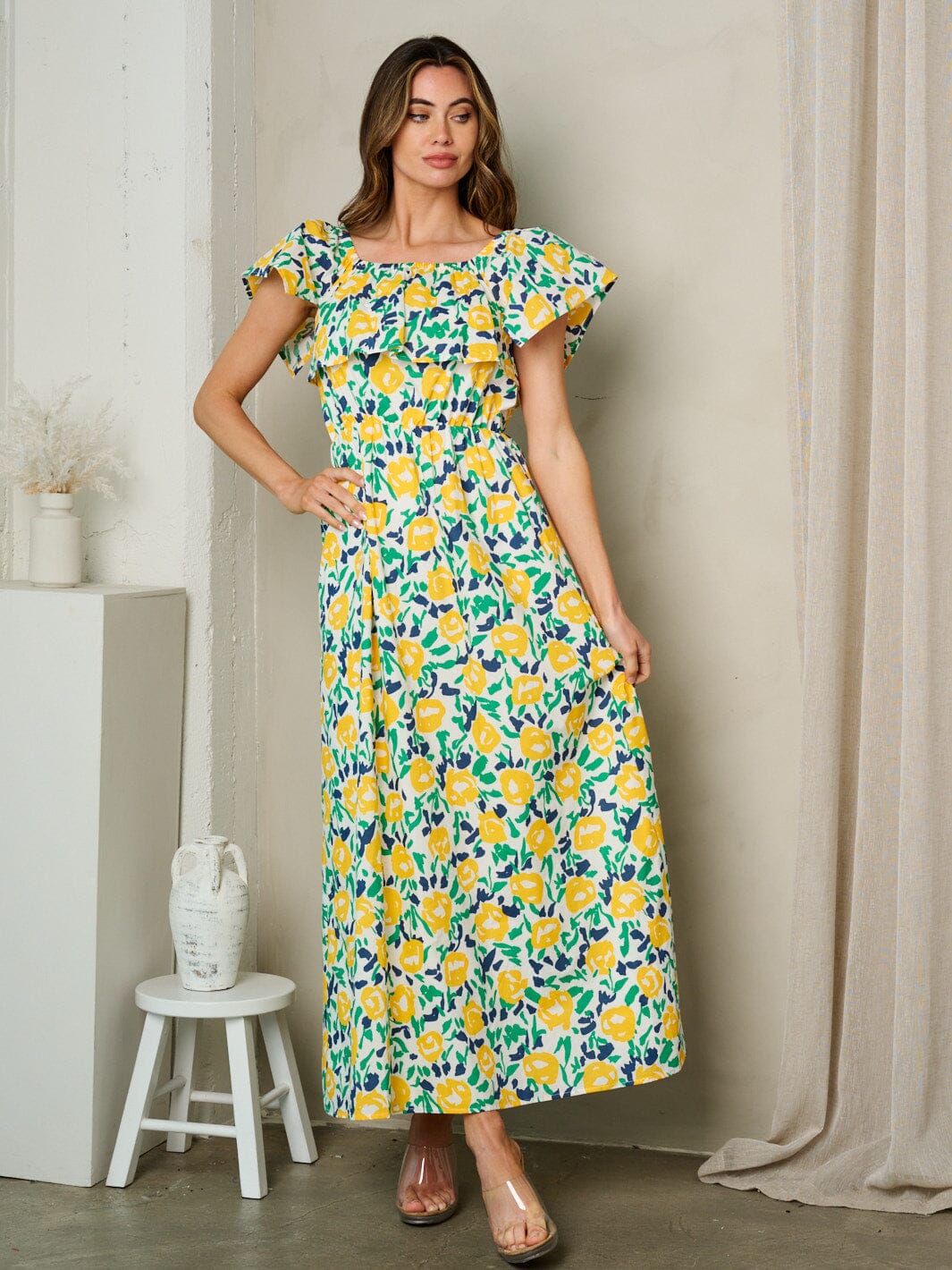 SHORT SLEEVE RUFFLE FLORAL MAXI DRESS A510