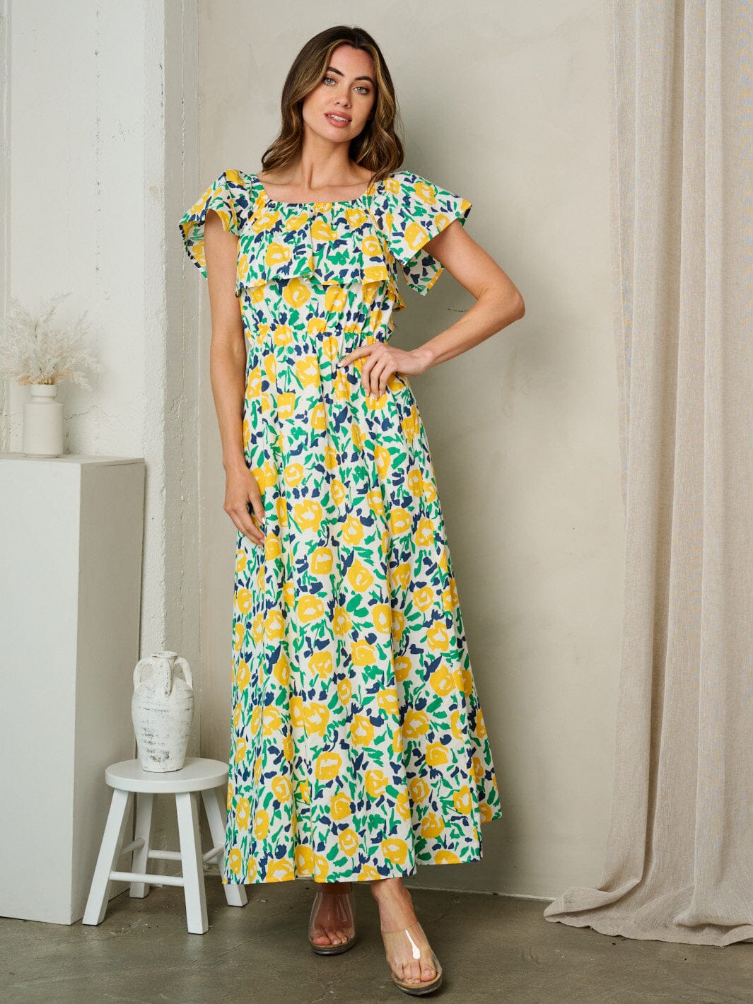 SHORT SLEEVE RUFFLE FLORAL MAXI DRESS A510