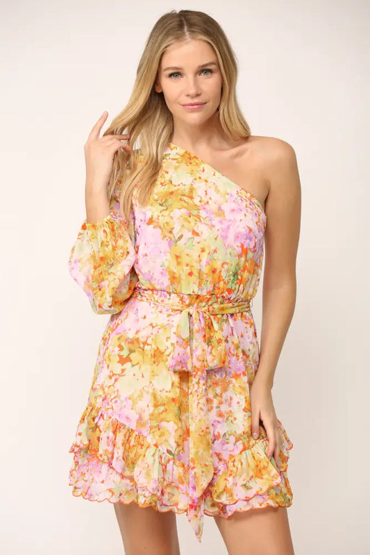 FLORAL PRINT ONE SHOULDER EMBROIDERED SCALLOP HEM DRESS - C606