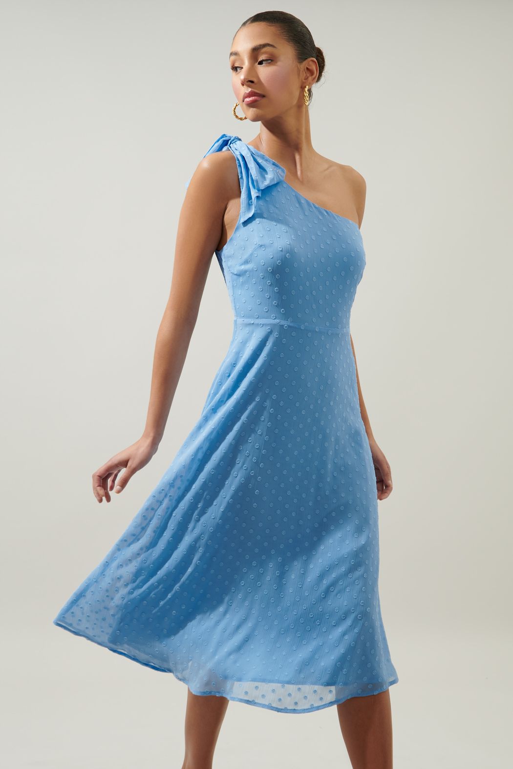 Kismet Chiffon Dot One Shoulder Midi Dress B203