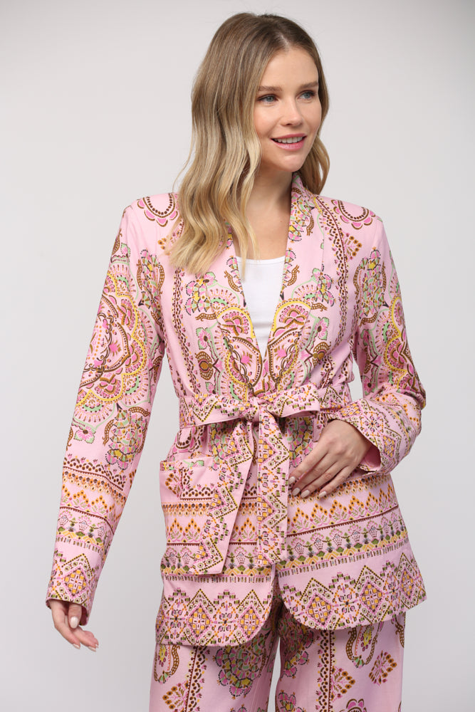 BORDER PRINT LINEN BLEND TIE WAIST BLAZER - B411