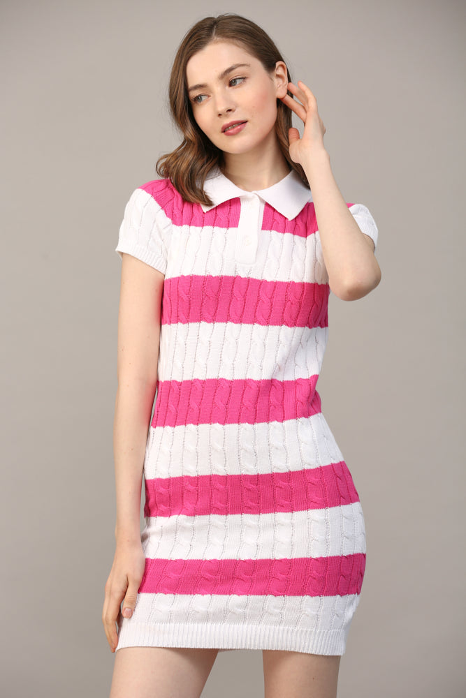 Stripe Polo Collar Short Slv Sweater Dress - J411