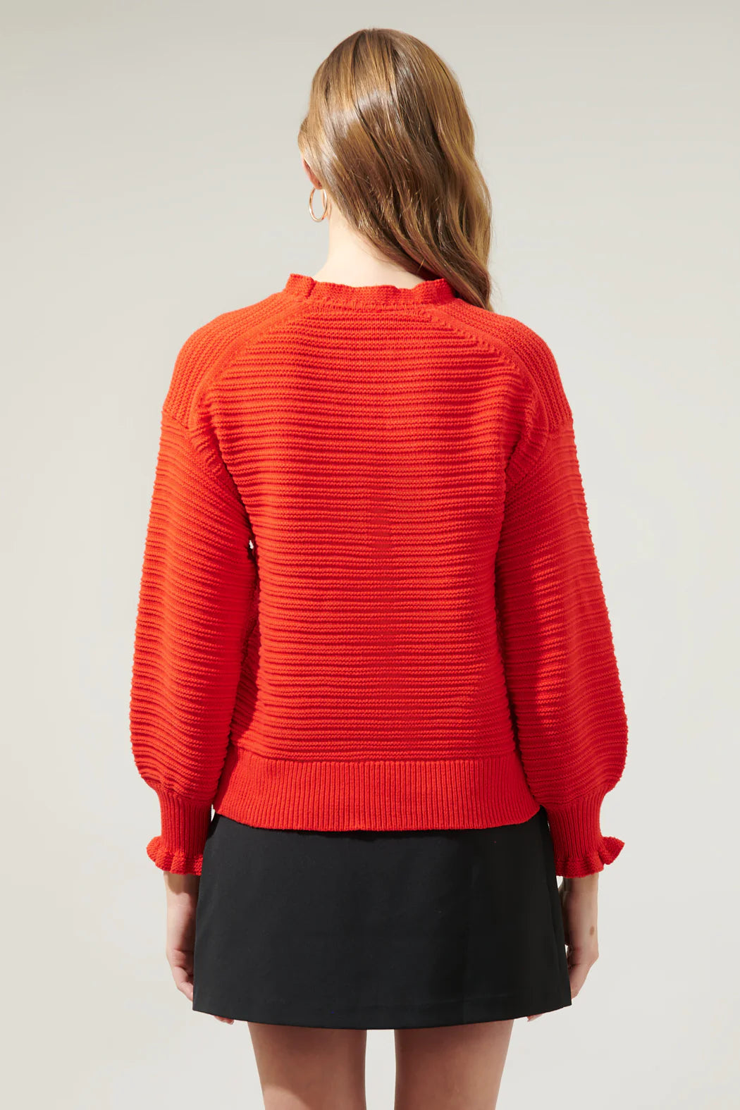 Vee Ruffle Neck Ribbed Sweater A617