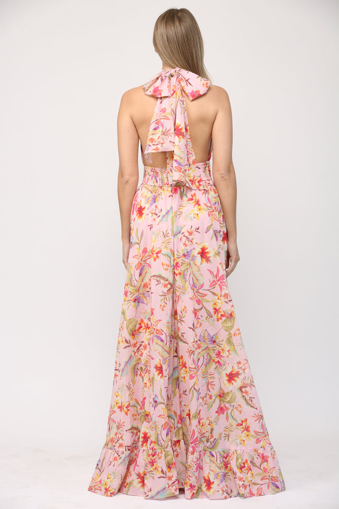 PRINTED COTTON VOILE TIE BACK MAXI DRESS J201