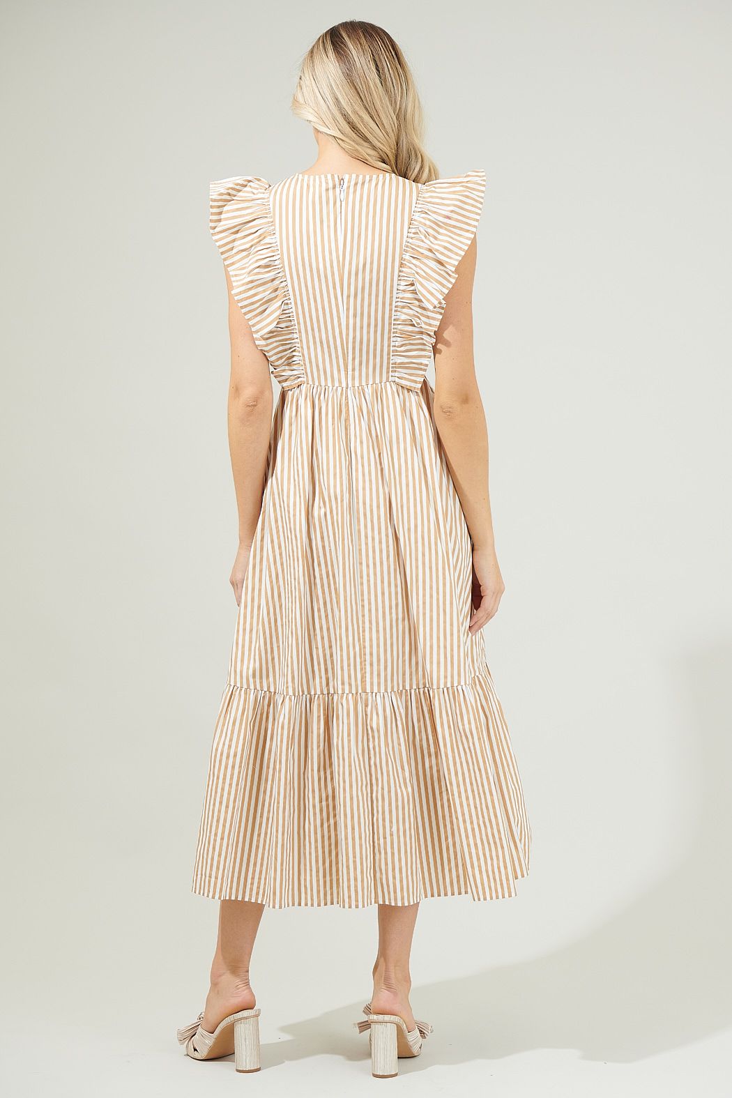 Striped Fairness Taupe Poplin Surplice Midi Dress - A721