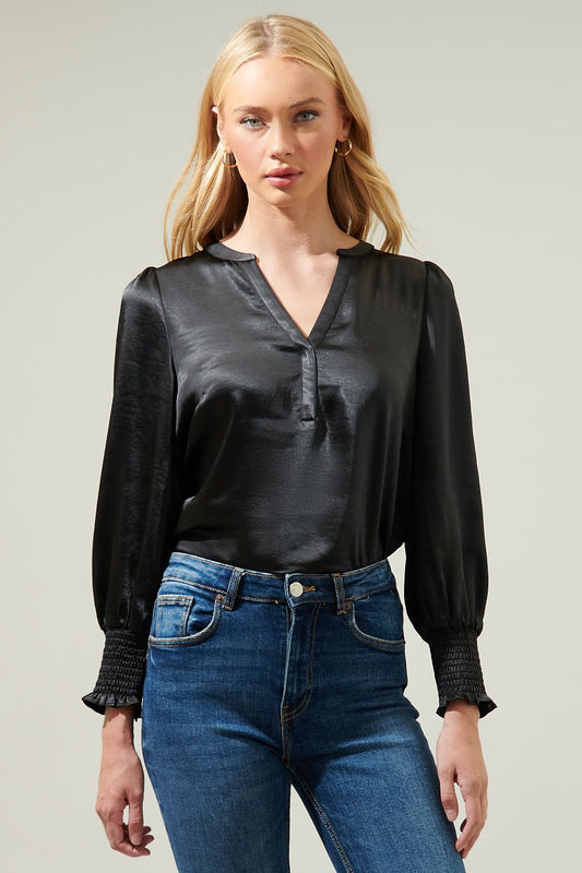 Henley Satin Long Sleeve Blouse - J604