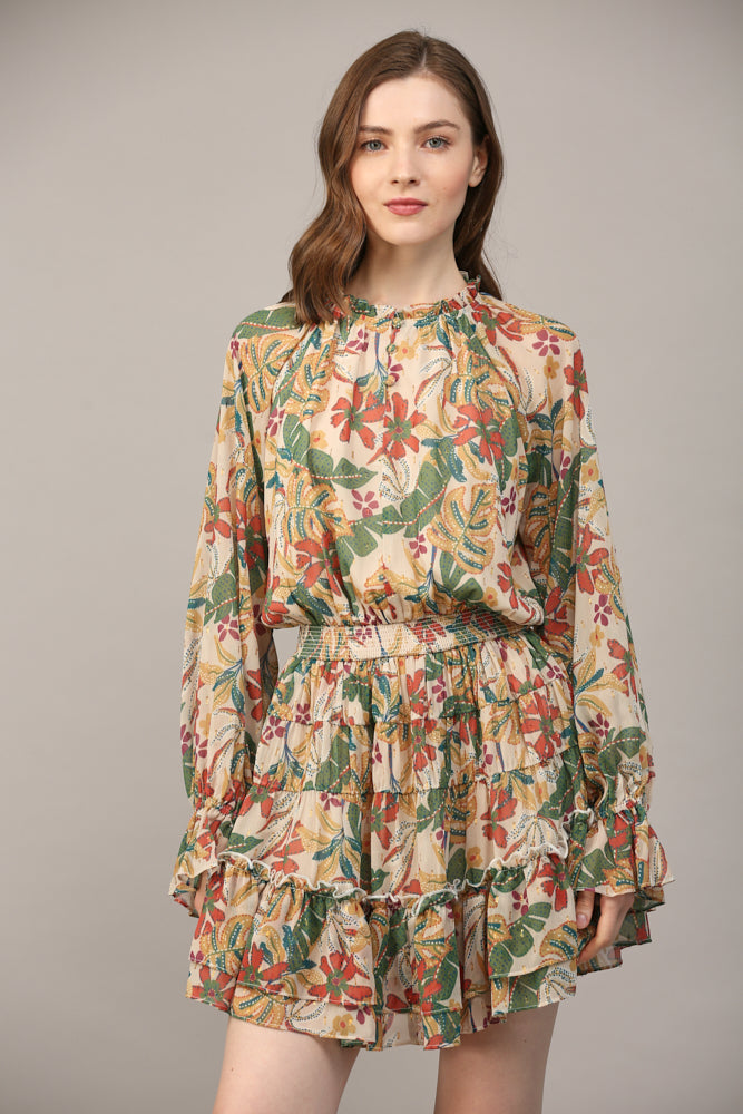 PAISLEY PRINT WITH LUREX CHIFFON TIERED MINI DRESS - C214