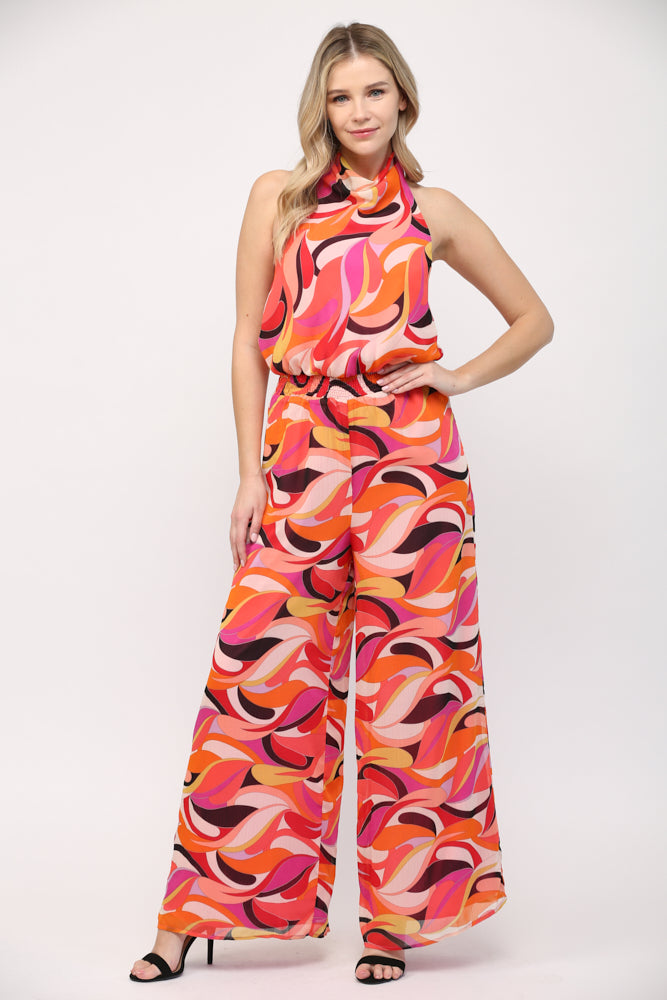 GEO PRINT COWL NECK JUMPSUIT - C108