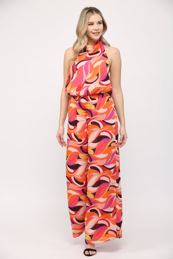 GEO PRINT COWL NECK JUMPSUIT - C108