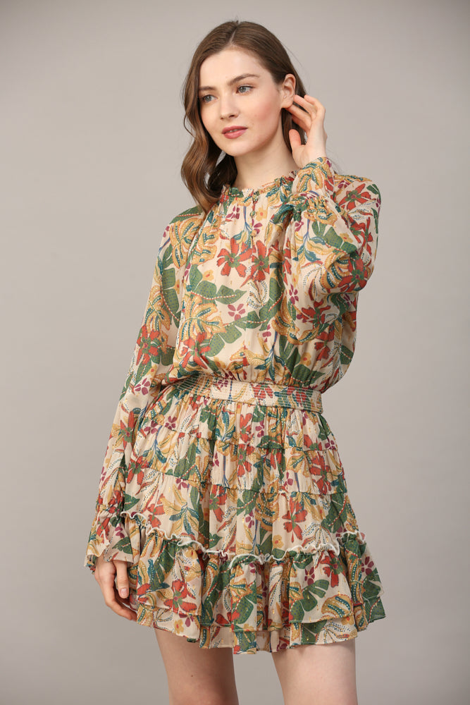 PAISLEY PRINT WITH LUREX CHIFFON TIERED MINI DRESS - C214