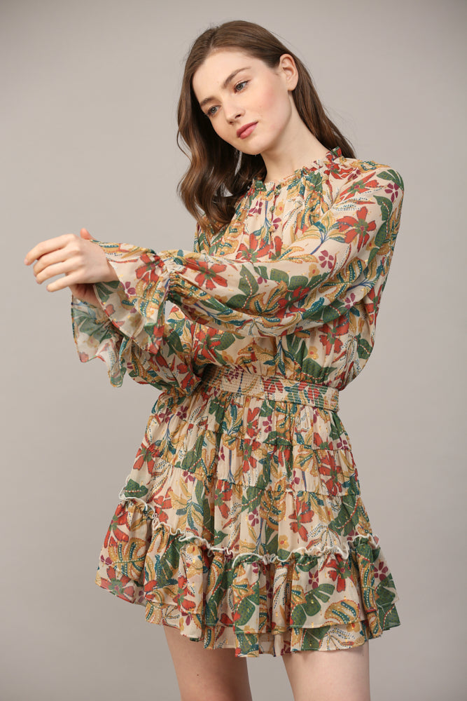 PAISLEY PRINT WITH LUREX CHIFFON TIERED MINI DRESS - C214