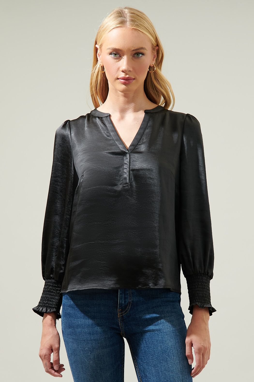 Henley Satin Long Sleeve Blouse - J604