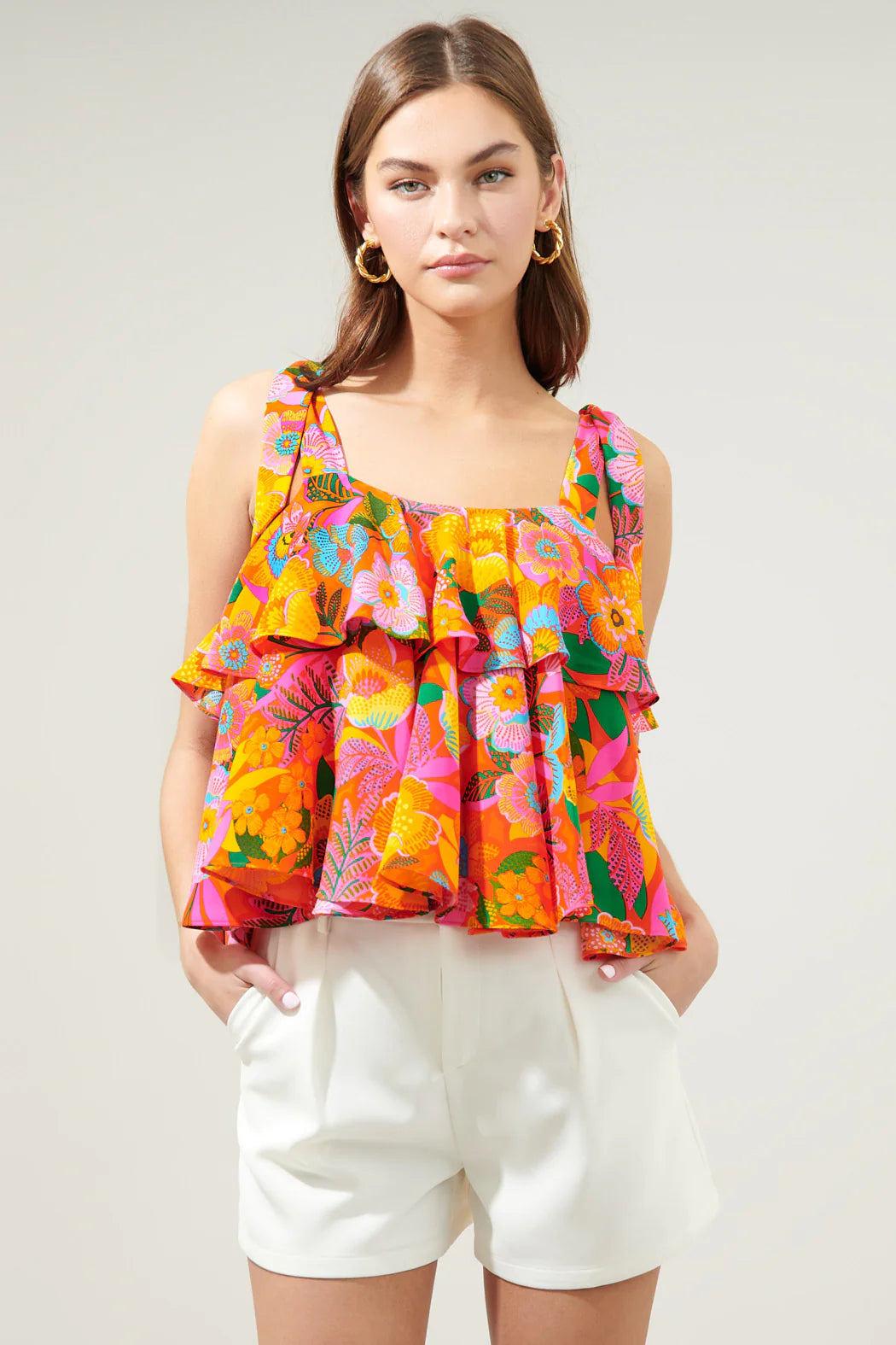 Idalia Floral Sloan Tie Strap Ruffle Top B506