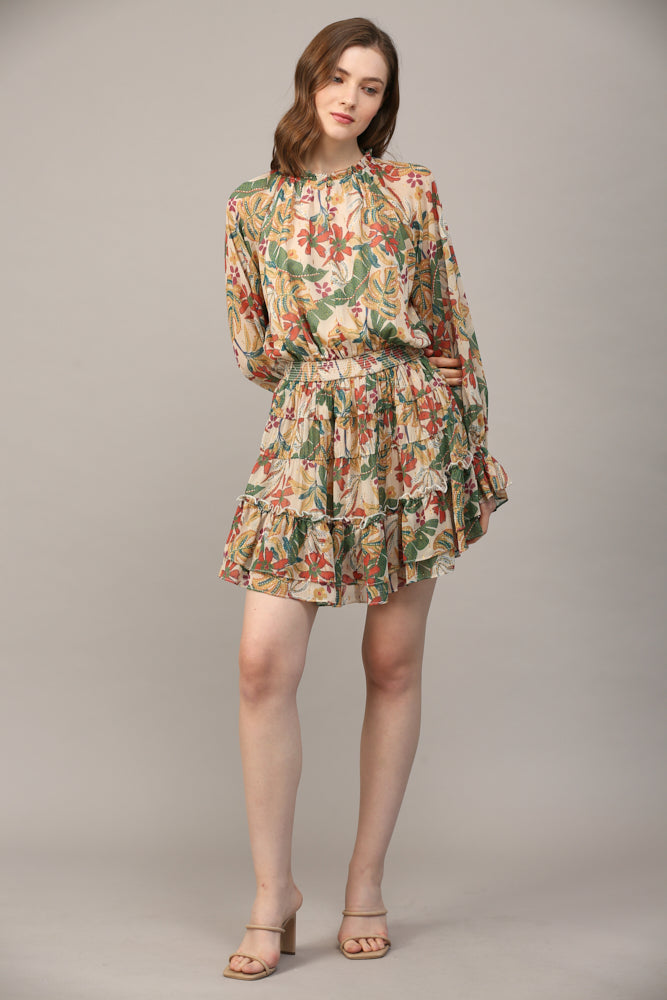 PAISLEY PRINT WITH LUREX CHIFFON TIERED MINI DRESS - C214